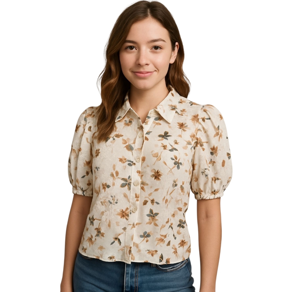 A. Peach White Floral Puff Sleeve Blouse – Size Large